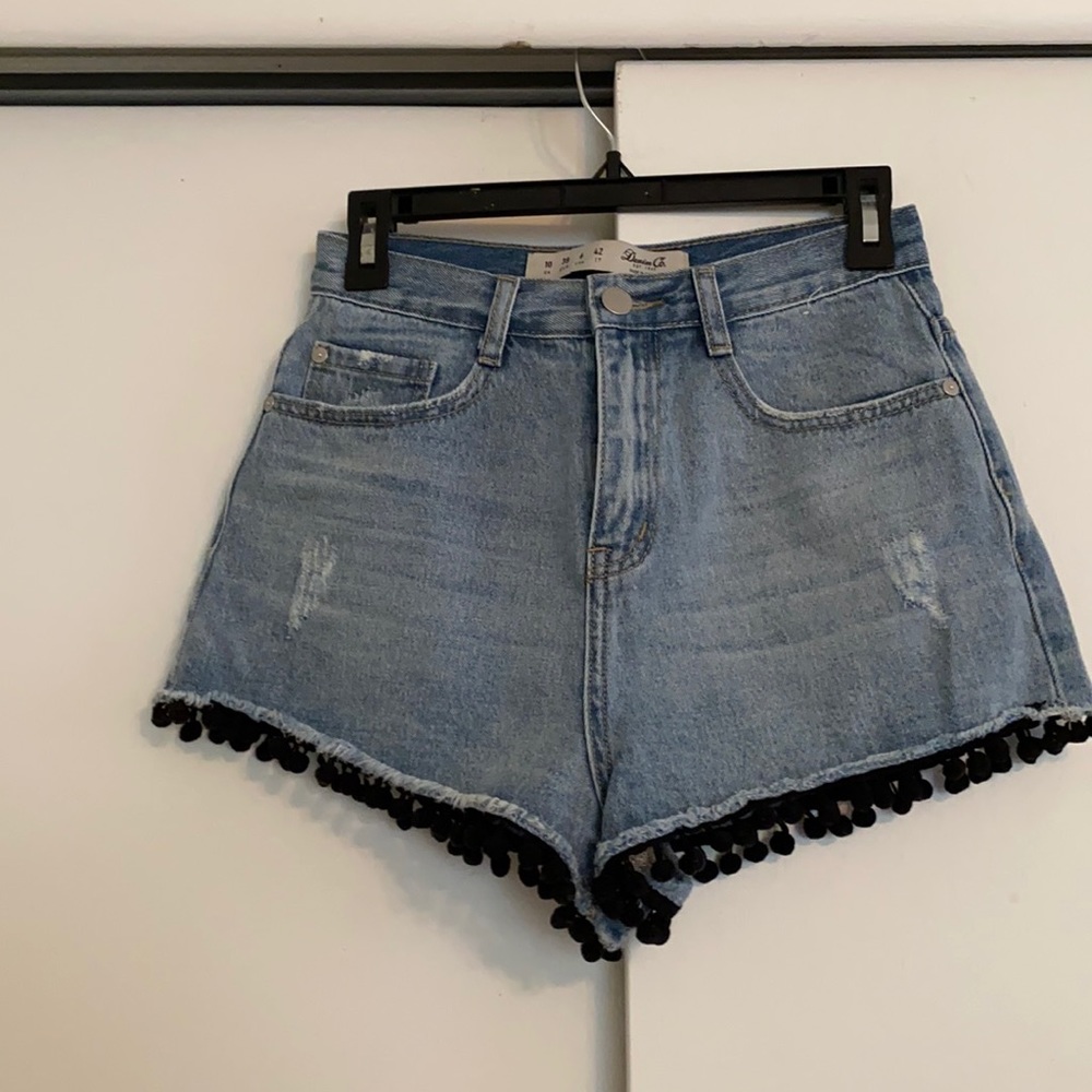 Primark high waisted denim shorts with pompoms